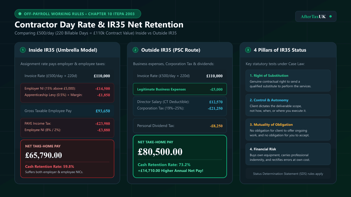 Contractor day rate inside vs outside IR35 take-home comparison 2026/27
