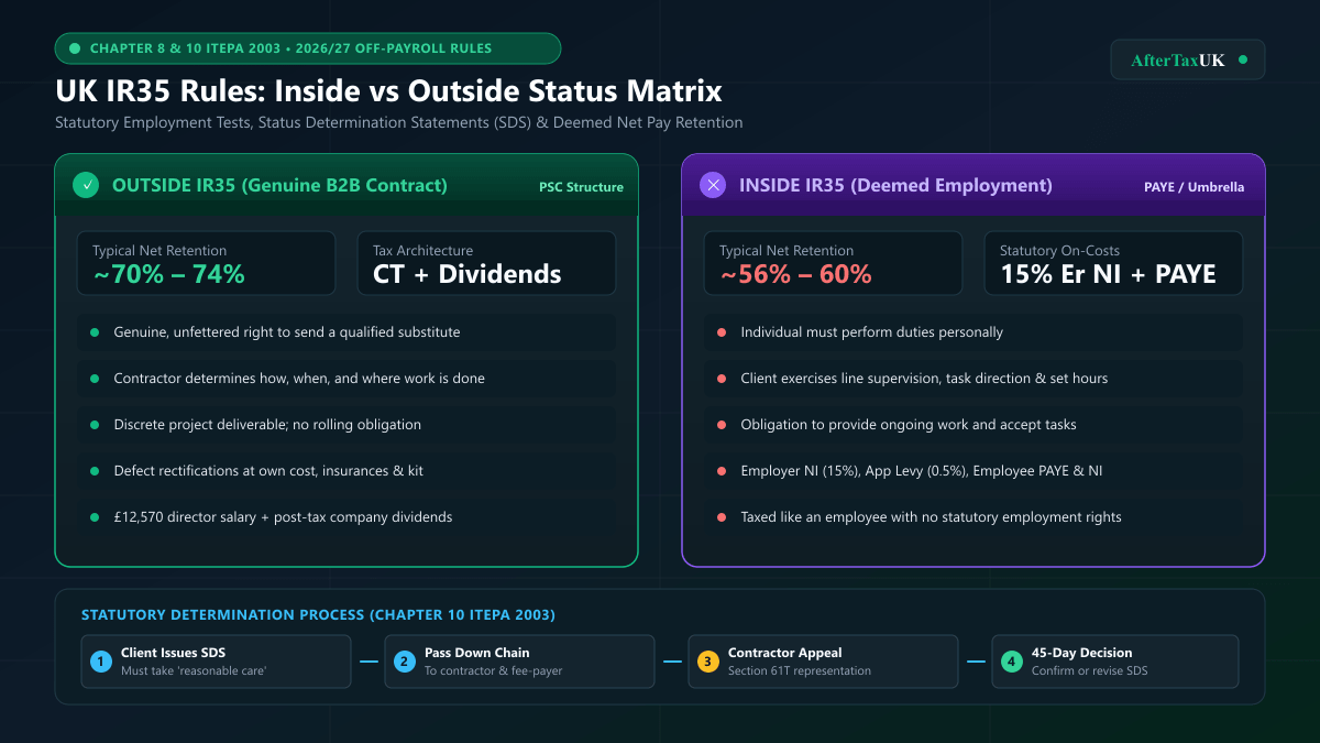 UK IR35 Inside vs Outside Rules, Employment Status Tests, and SDS Decision Matrix 2026/27